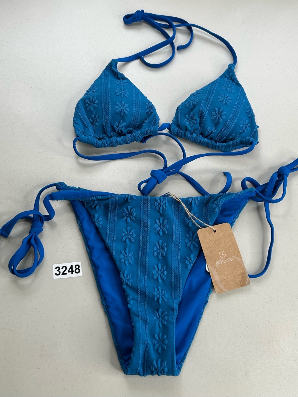 Berlook Bikini Set  Medium Blue Jacquard Halter Top Tie Side Bottom New Swimsuit